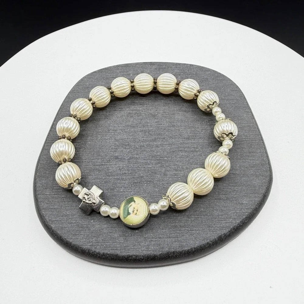Catholic Devotional Cross Portrait Cream Faux Pearl Stretch Bracelet Religious